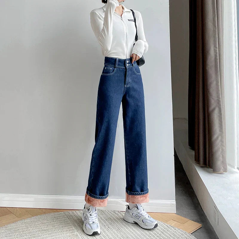 Vintage High Waist Fleece Wide-Leg Jeans for Women by Alfadarling – Cozy Winter Denim Pants