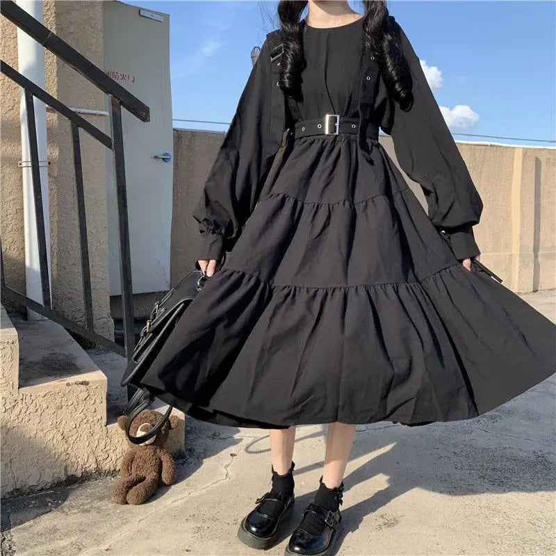 Gothic Harajuku Black Midi Dress