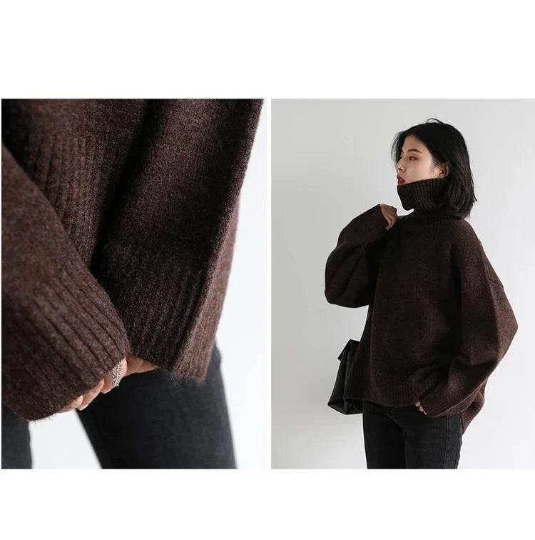 Women's loose turtleneck sweater, cozy knitwear, warm and stylish pullover for autumn and winter.