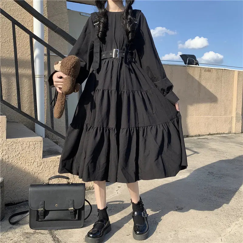 Gothic Harajuku Black Midi Dress with suspenders and vintage ruffles.