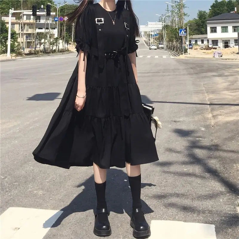 Gothic Harajuku Black Midi Dress