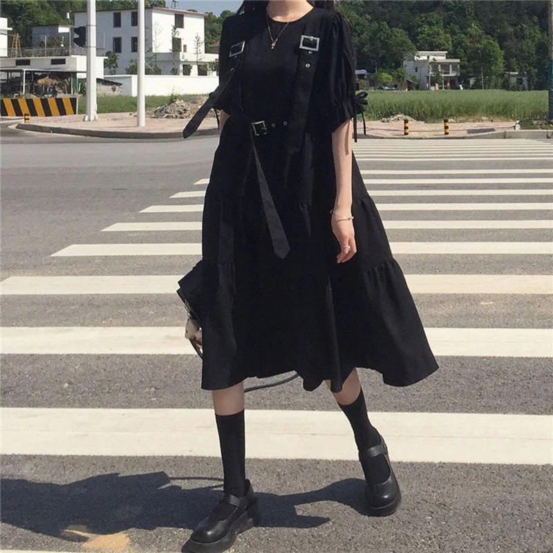 Gothic Harajuku Black Midi Dress