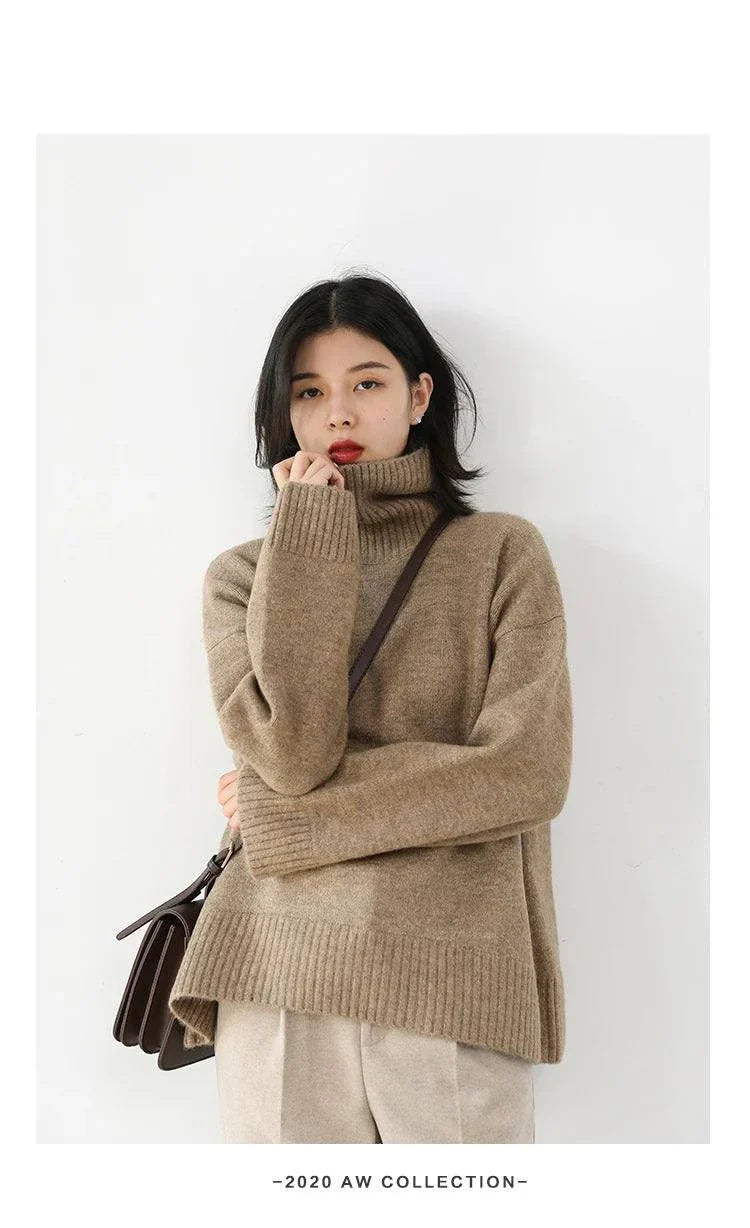 Women's loose turtleneck pullover knitwear, cozy and warm autumn winter sweater.