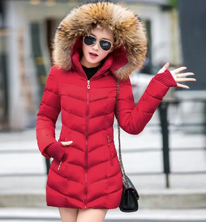 Wine Red Fur Collar Winter Jacket for Women