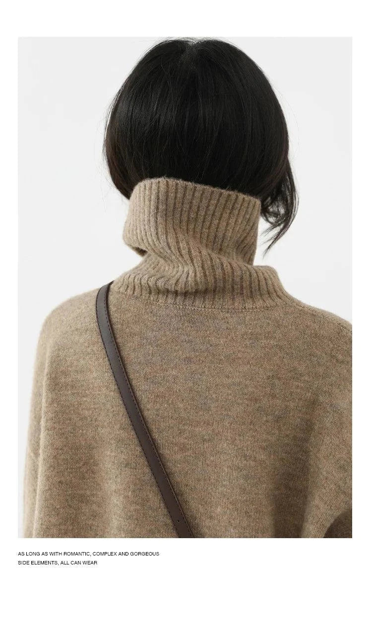 Women's loose turtleneck pullover knitwear in solid color, back view.