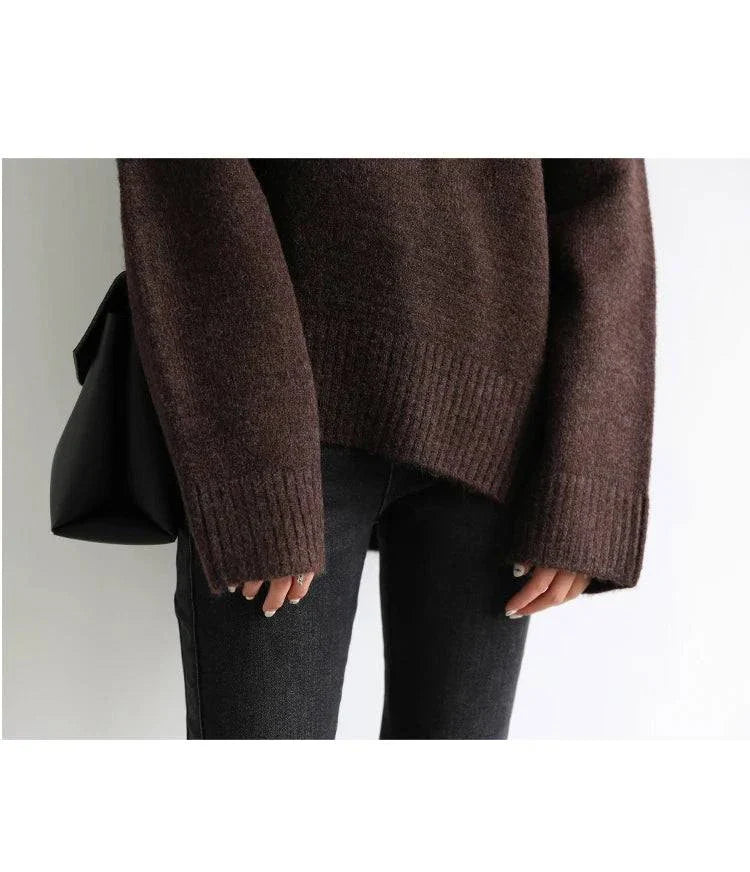 Loose turtleneck sweater pullover, cozy knitwear for women, solid brown, full-length sleeves, autumn/winter 2022.