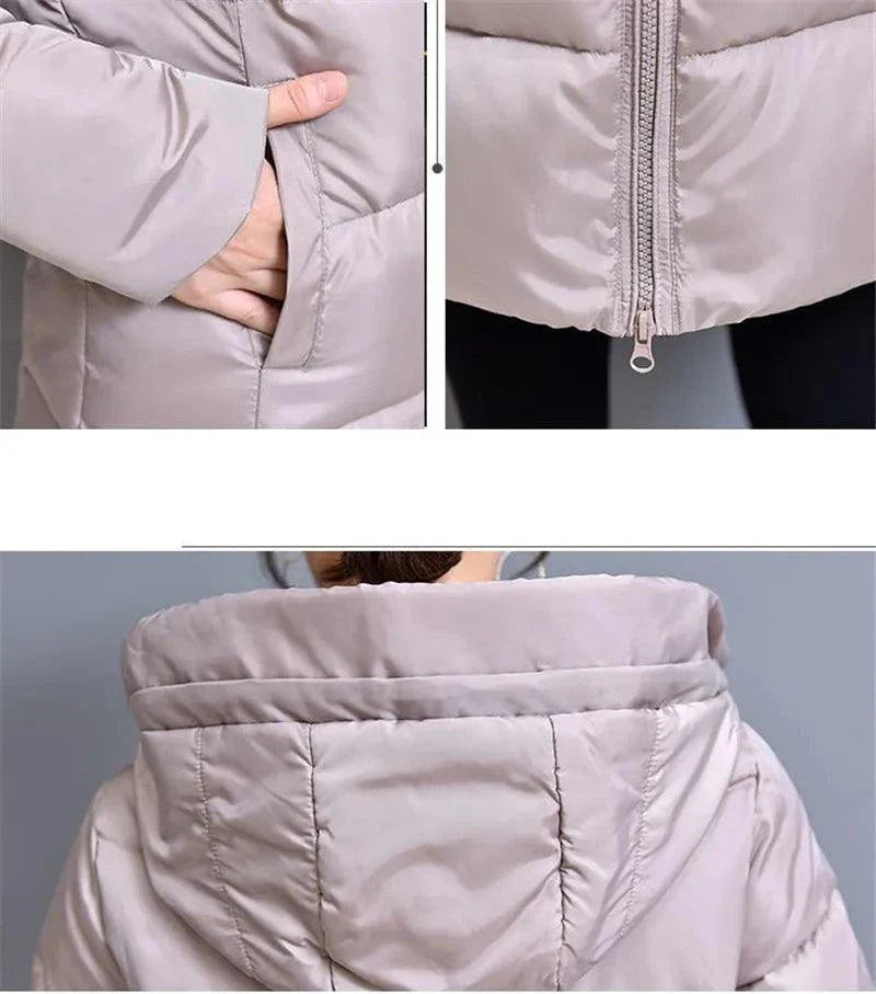 Winter hooded long slim-fit padded jacket for women with zipper detail and cozy hood.