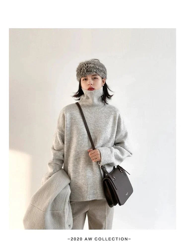 Women's loose turtleneck pullover knitwear sweater, warm and cozy, solid color, autumn winter fashion.