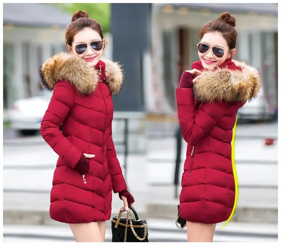 Wine Red Fur Collar Winter Jacket for Women