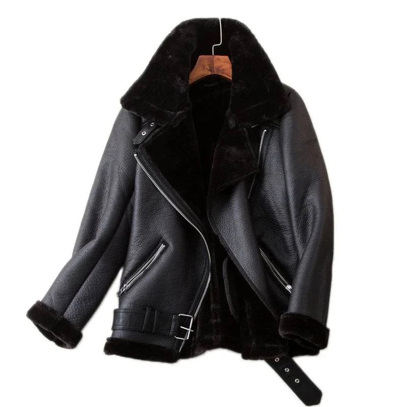 Ailegogo Winter Faux Leather Fur Jacket