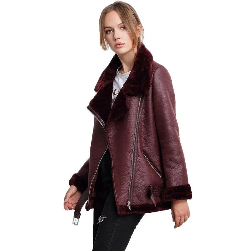 Ailegogo Winter Faux Leather Fur Jacket