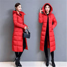 Switch Winter hooded long slim-fit red padded jacket for women. 1 image