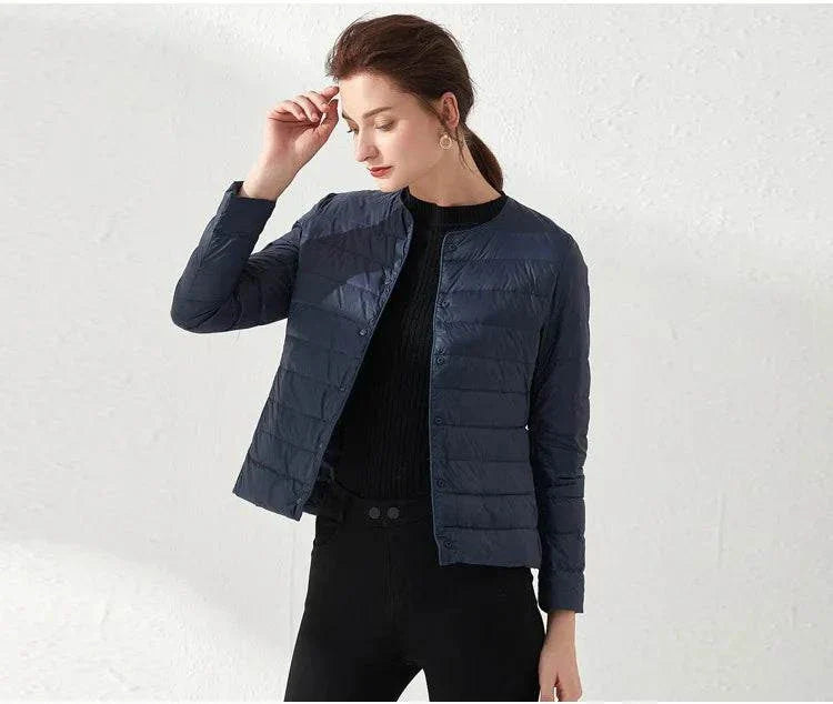 Ultralight Warm Women’s Puffer Jacket by Alfadarling, collarless O-neck design, perfect for spring and winter layering.