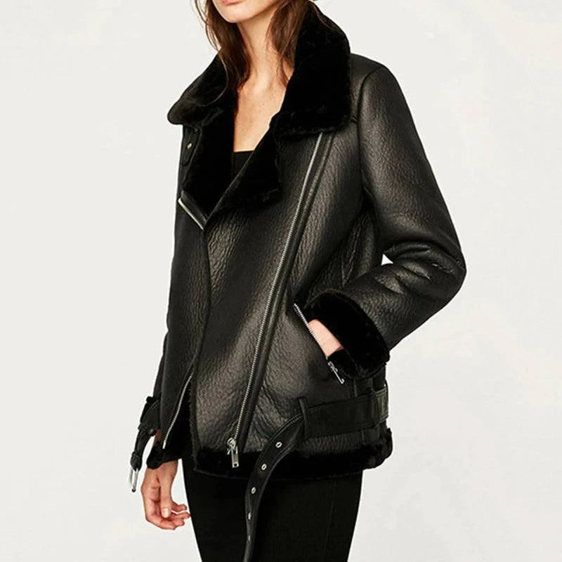 Ailegogo Winter Faux Leather Fur Jacket