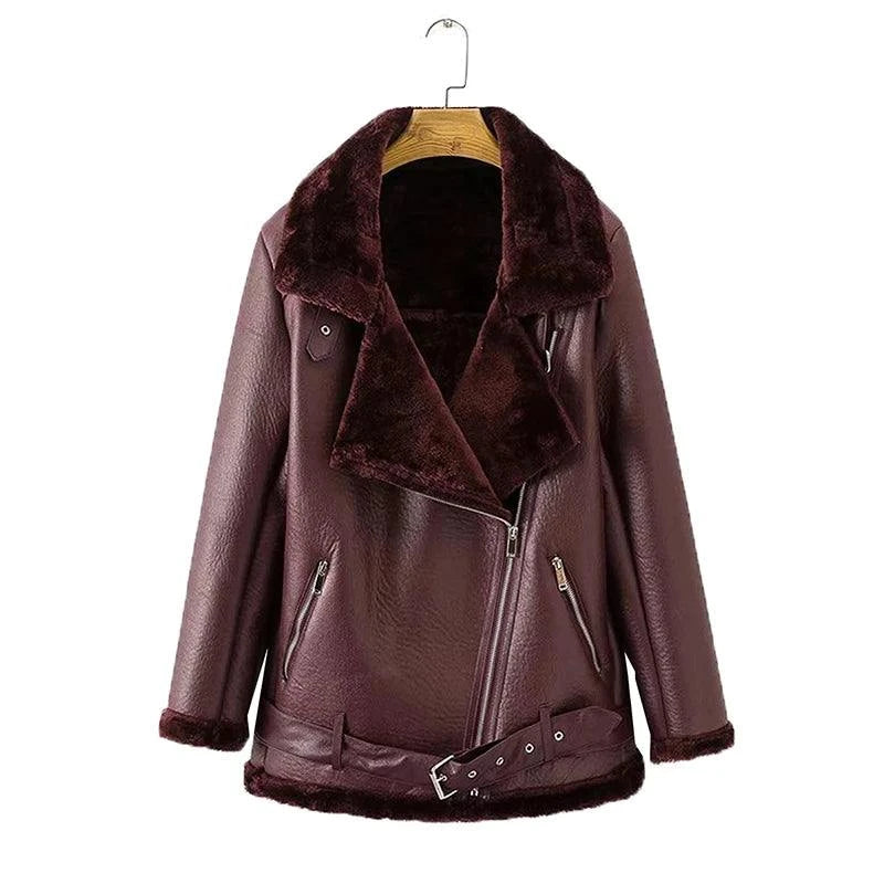 Ailegogo Winter Faux Leather Fur Jacket