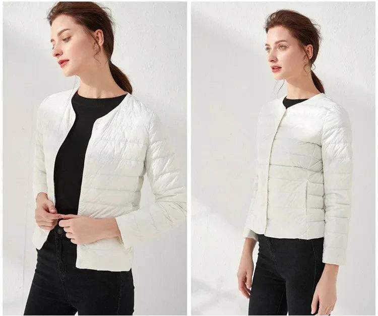 Ultralight warm women’s puffer jacket by Alfadarling, collarless with an O-neck design, perfect for spring and winter layering.