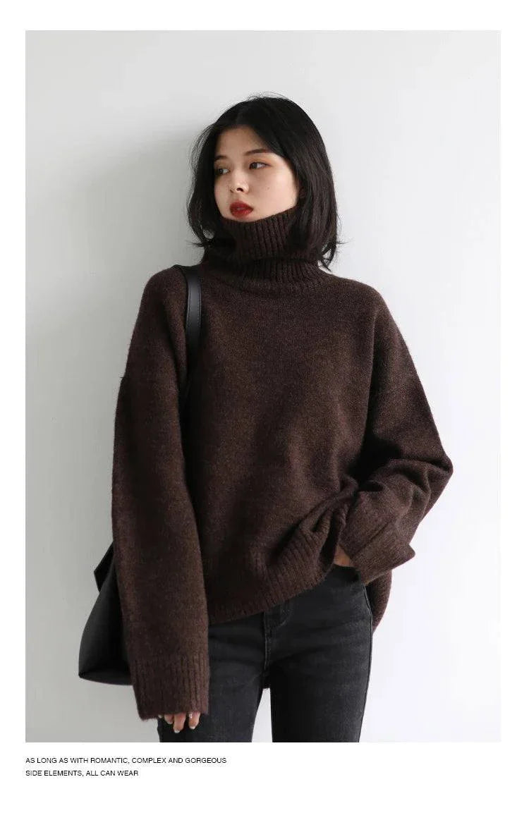 Women's brown loose turtleneck sweater, cozy knitwear for autumn and winter.