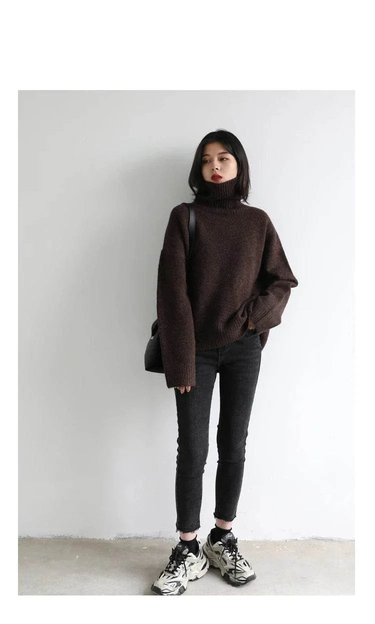 Loose turtleneck pullover knitwear sweater, solid color, autumn winter fashion.