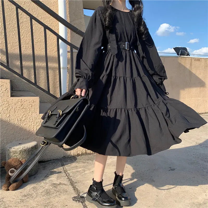 Gothic Harajuku Black Midi Dress