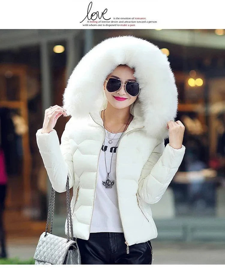 Women’s artificial raccoon fur collar winter jacket, stylish cozy parka, 2024 winter fashion.