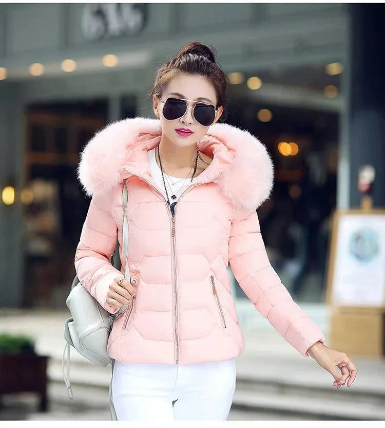 2024 women's winter parka with artificial raccoon fur collar, stylish and warm.