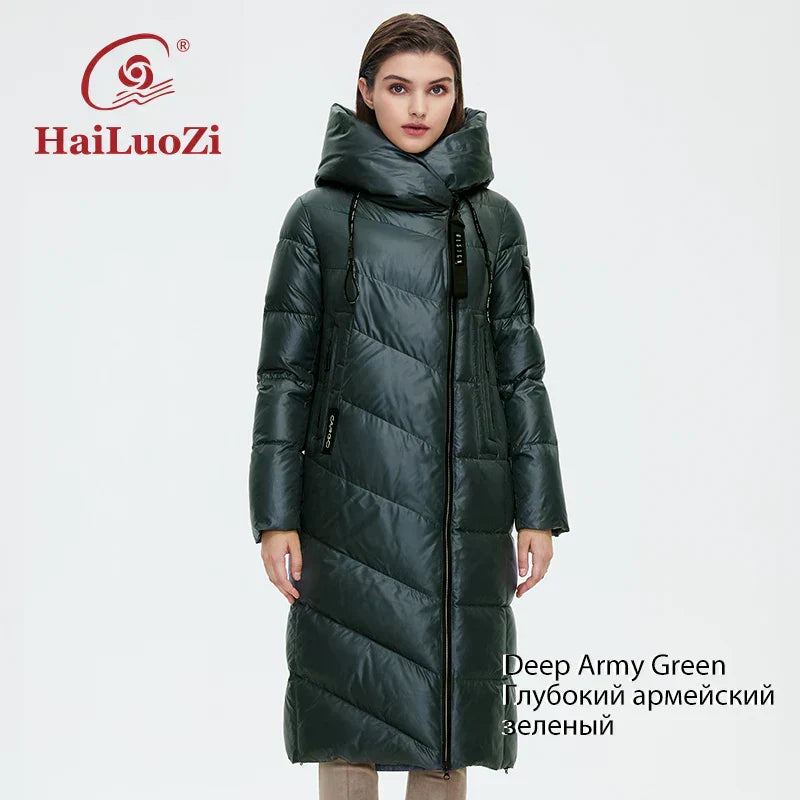 HaiLuoZi Women's Winter Jacket in Deep Army Green; long, slim fit, windproof, with hood and zipper closure.