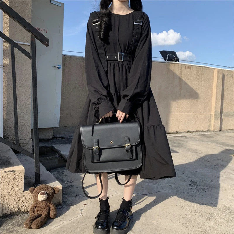 Gothic Harajuku Black Midi Dress