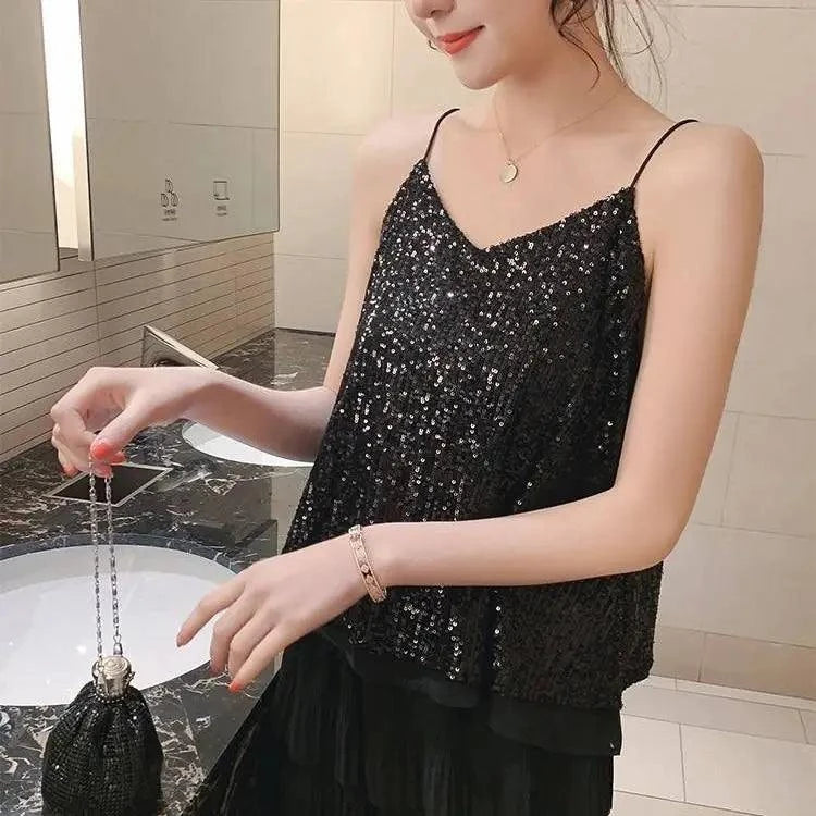 Sparkling Sequin V-Neck Sling Top