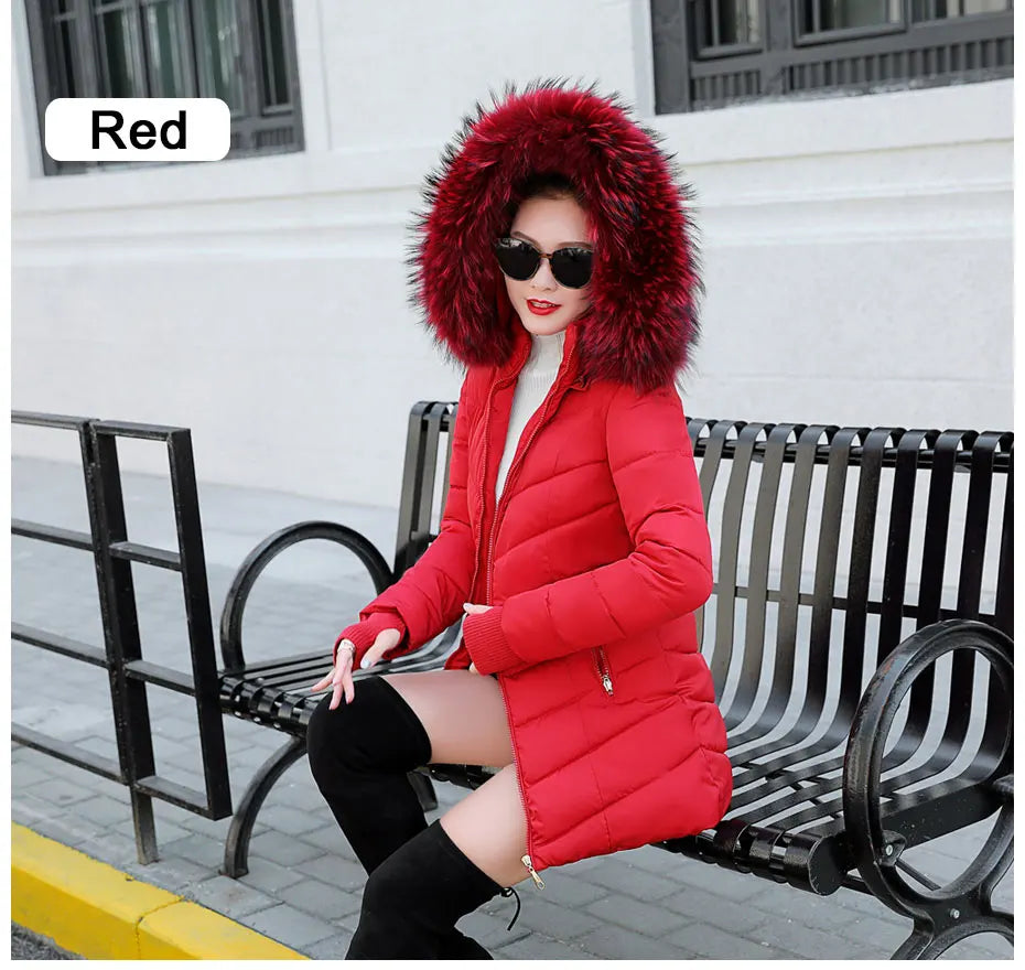 Wine Red Fur Collar Winter Jacket for Women