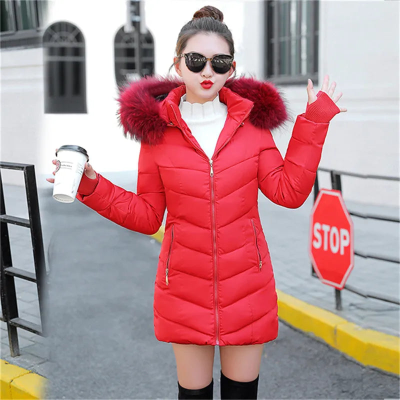 Wine Red Fur Collar Winter Jacket for Women