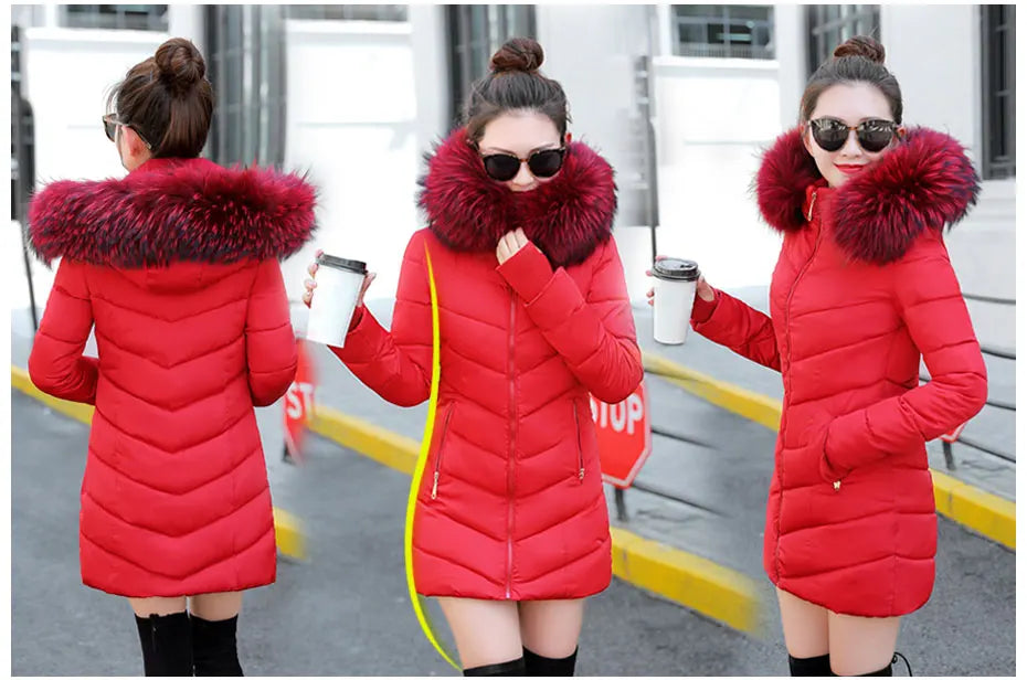 Wine Red Fur Collar Winter Jacket for Women