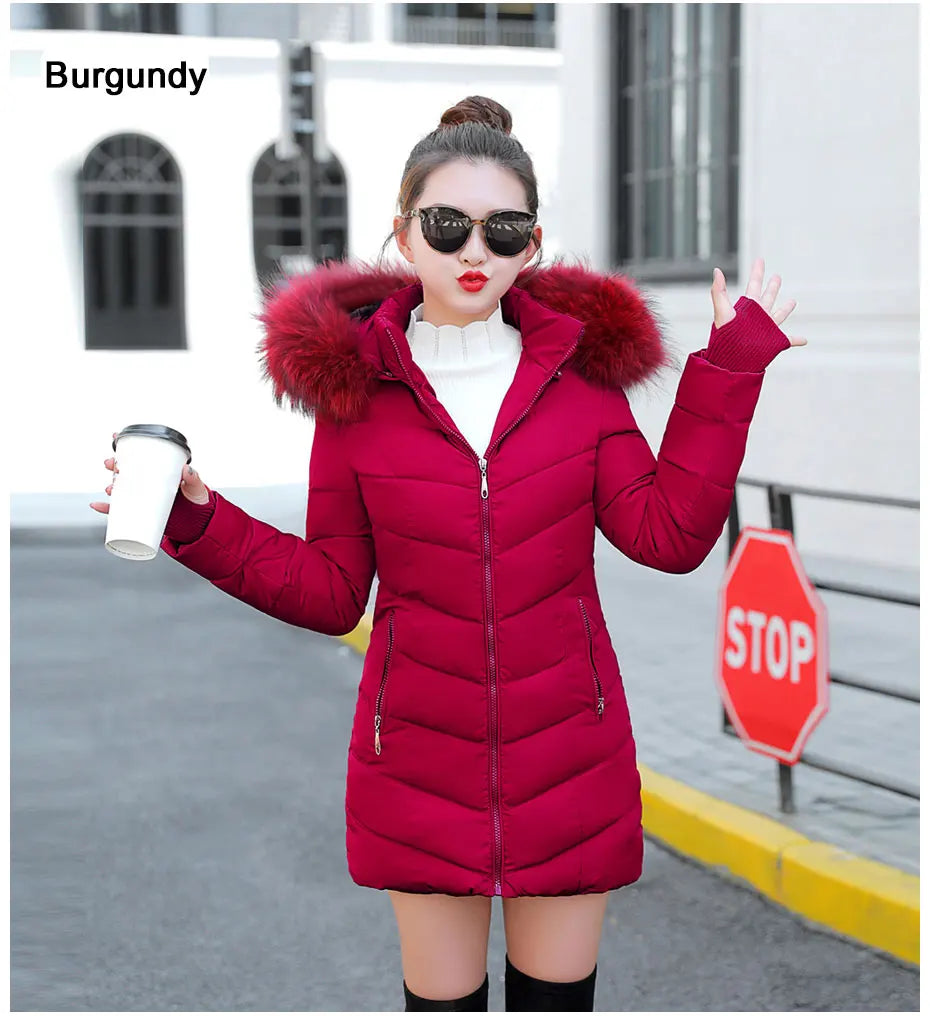 Wine Red Fur Collar Winter Jacket for Women