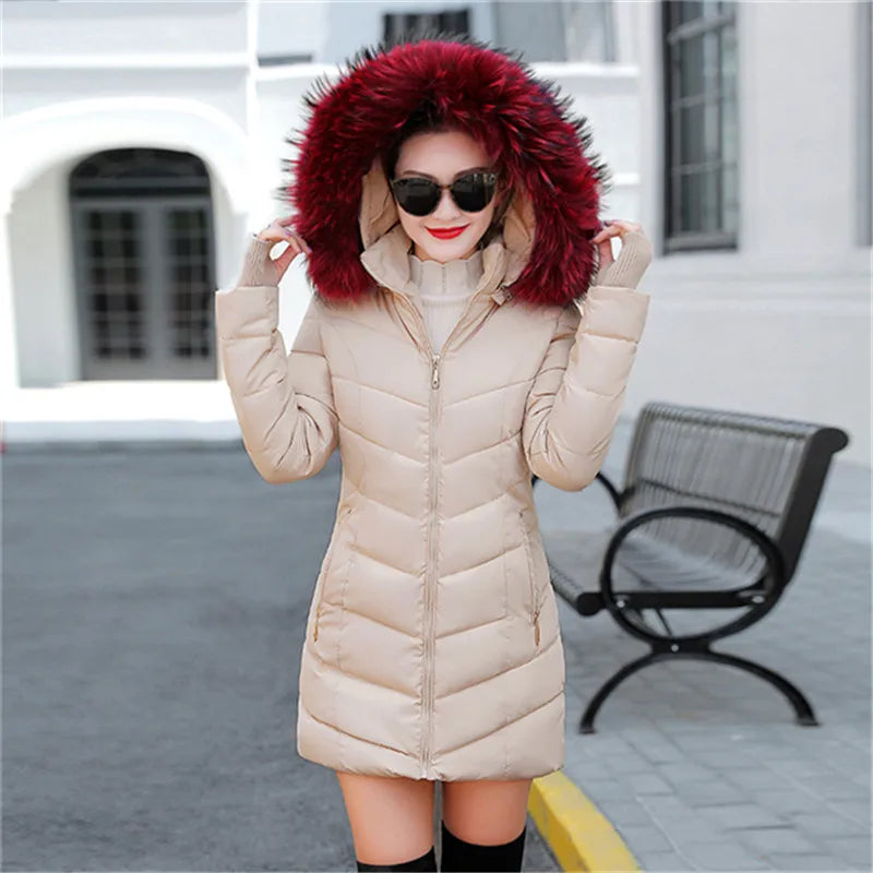 Wine Red Fur Collar Winter Jacket for Women