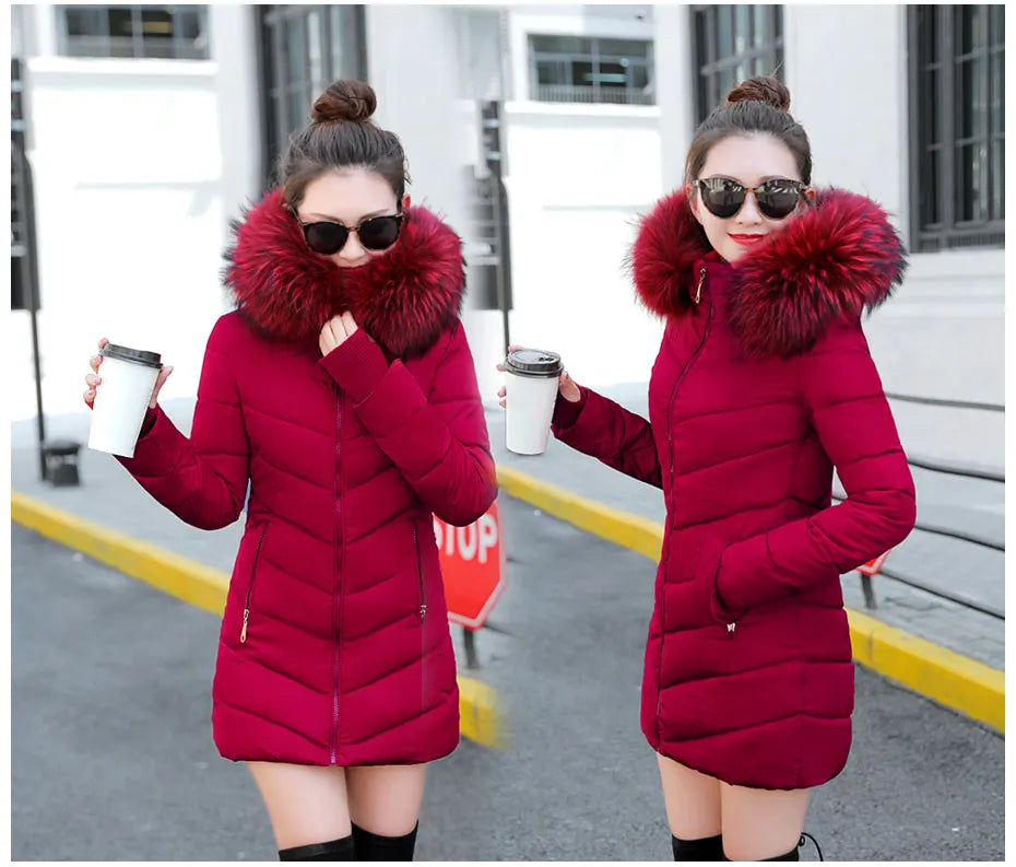 Wine Red Fur Collar Winter Jacket for Women