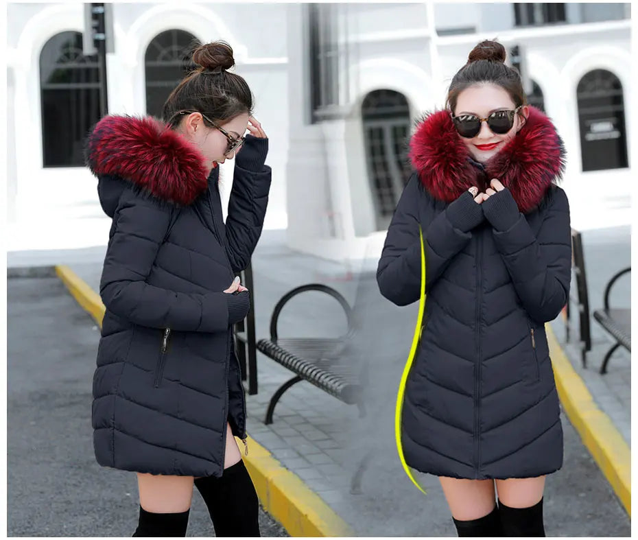 Wine Red Fur Collar Winter Jacket for Women