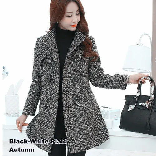 Elegant women's wool blend coat with turtleneck and plaid pattern.