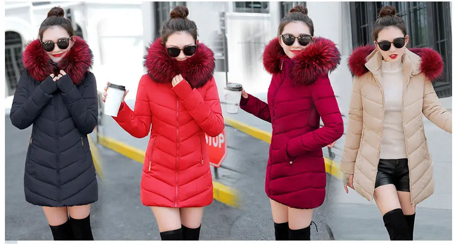 Wine Red Fur Collar Winter Jacket for Women