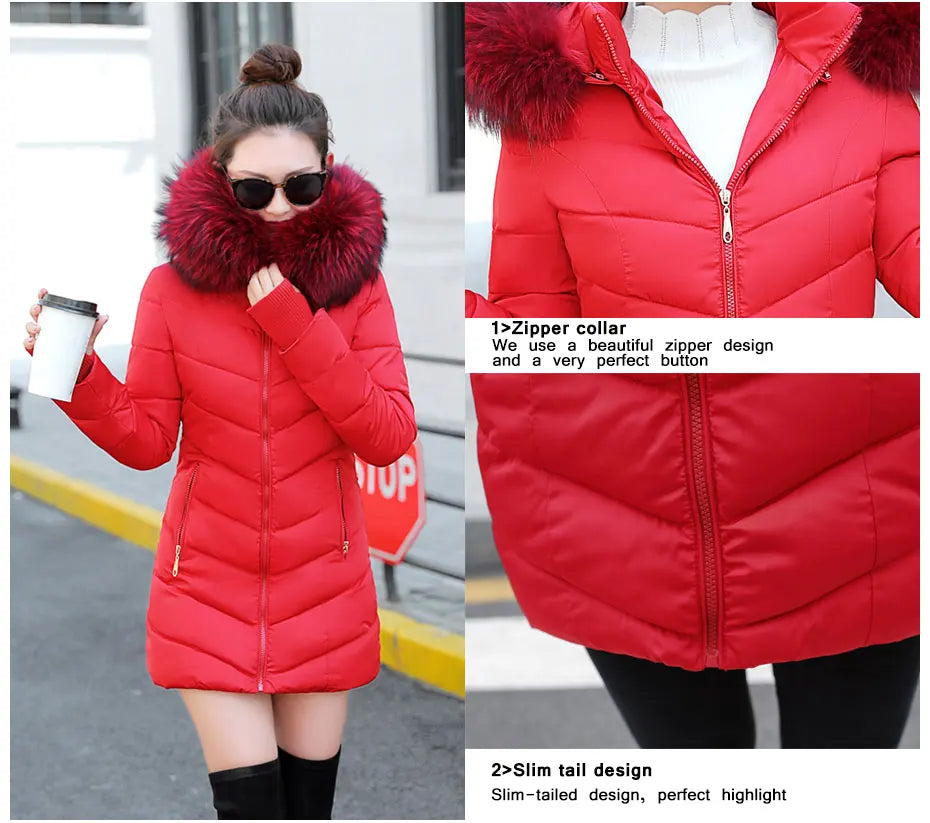 Wine Red Fur Collar Winter Jacket for Women