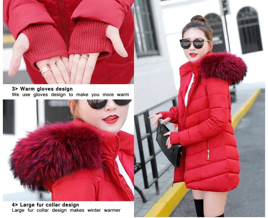 Wine Red Fur Collar Winter Jacket for Women