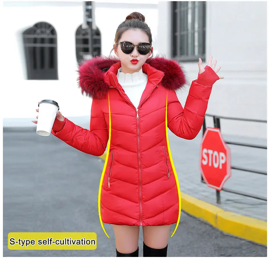 Wine Red Fur Collar Winter Jacket for Women