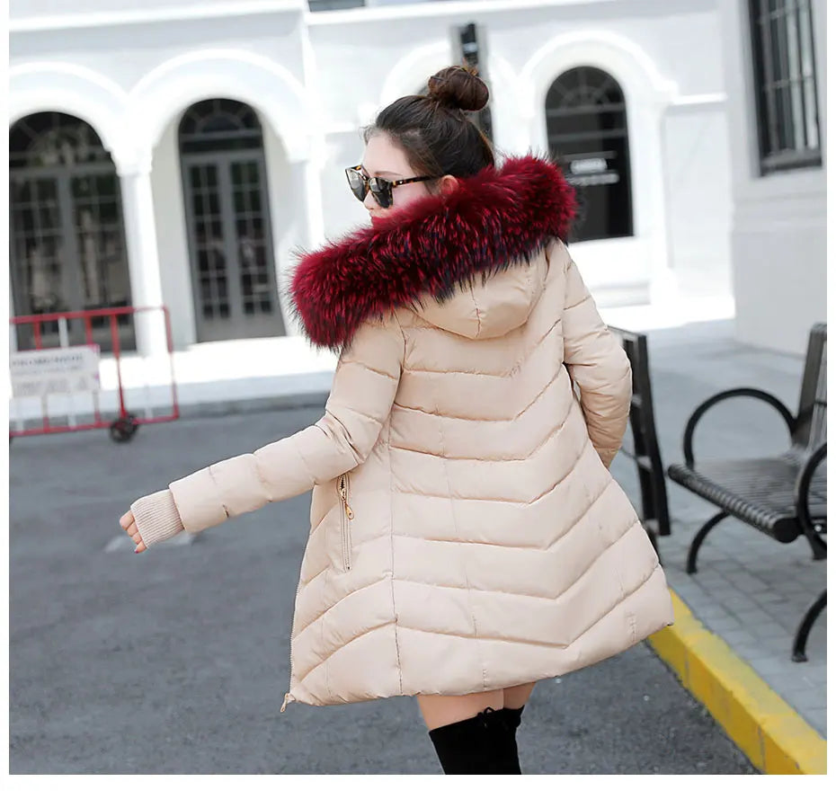 Wine Red Fur Collar Winter Jacket for Women