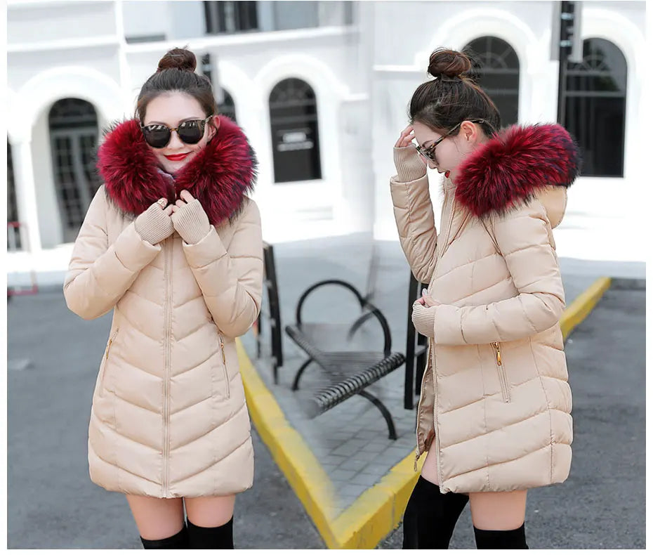 Wine Red Fur Collar Winter Jacket for Women