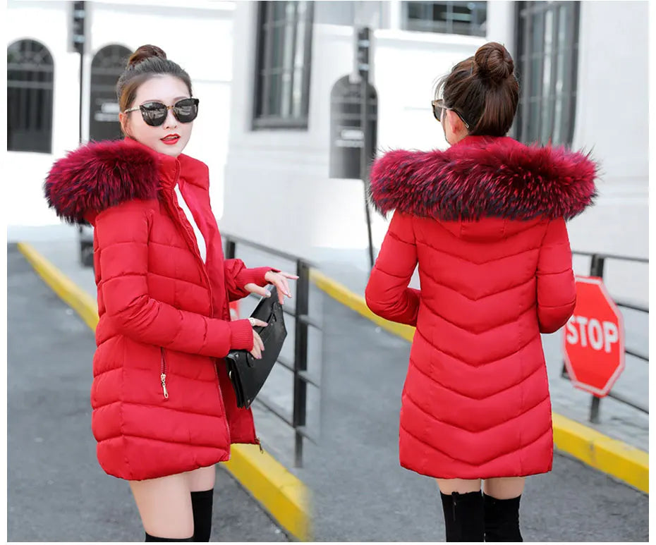 Wine Red Fur Collar Winter Jacket for Women