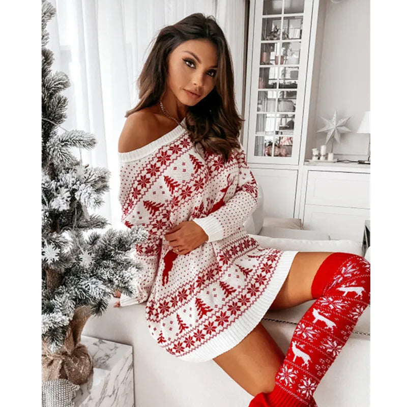 Women Christmas Sweater Dress Autumn Winter Long Sleeve Off Shoulder