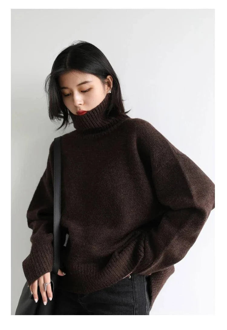 Sweater Loose Turtleneck Pullover Knitwear in dark brown on model, cozy warm autumn winter top.