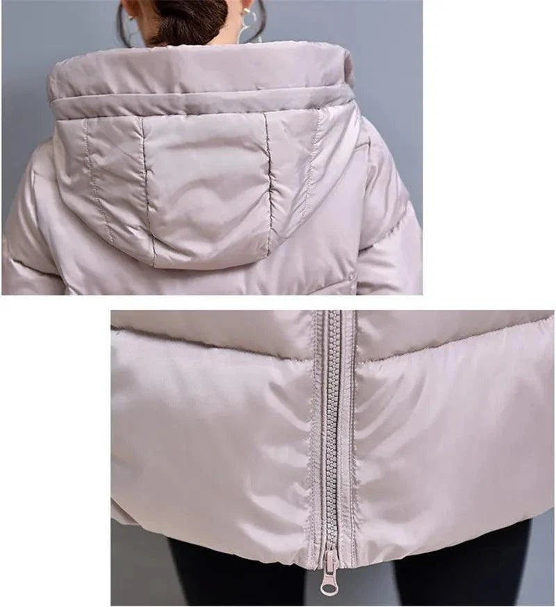 Women's hooded long slim-fit padded jacket with zipper, over-the-knee length, Alfadarling.