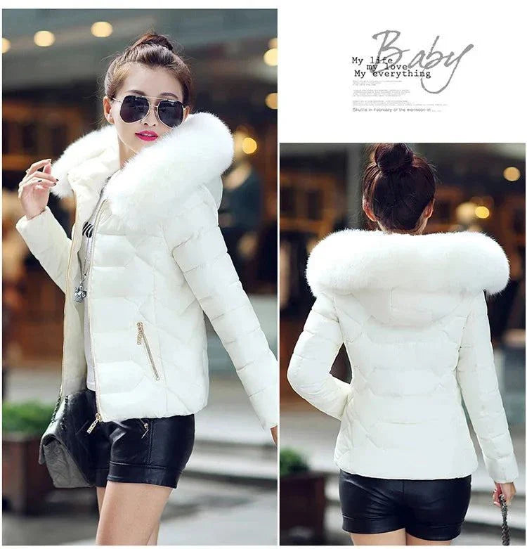 2024 women’s artificial raccoon fur collar winter parka, elegant white slim-fit jacket with faux fur trim.