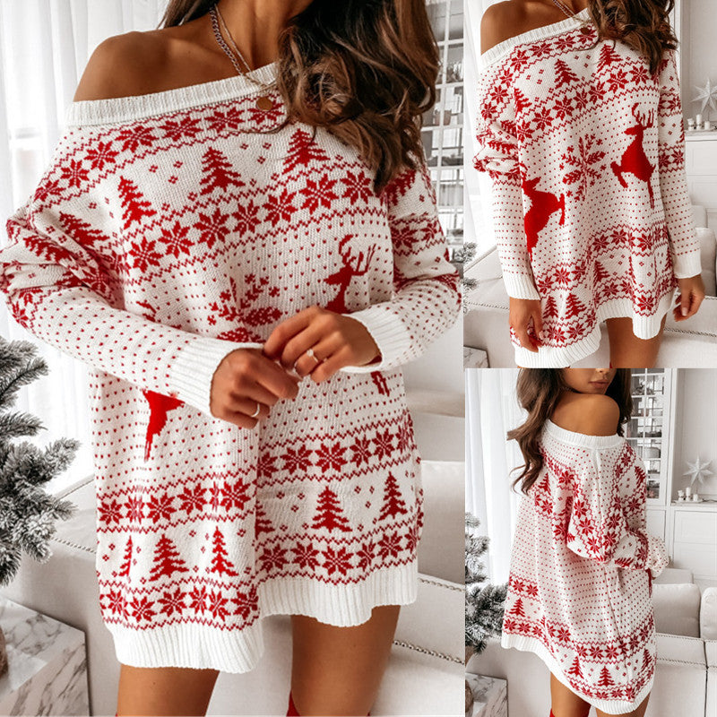 Women Christmas Sweater Dress Autumn Winter Long Sleeve Off Shoulder