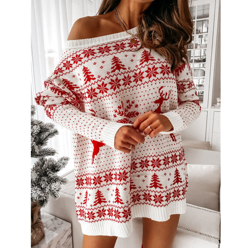 Women Christmas Sweater Dress Autumn Winter Long Sleeve Off Shoulder