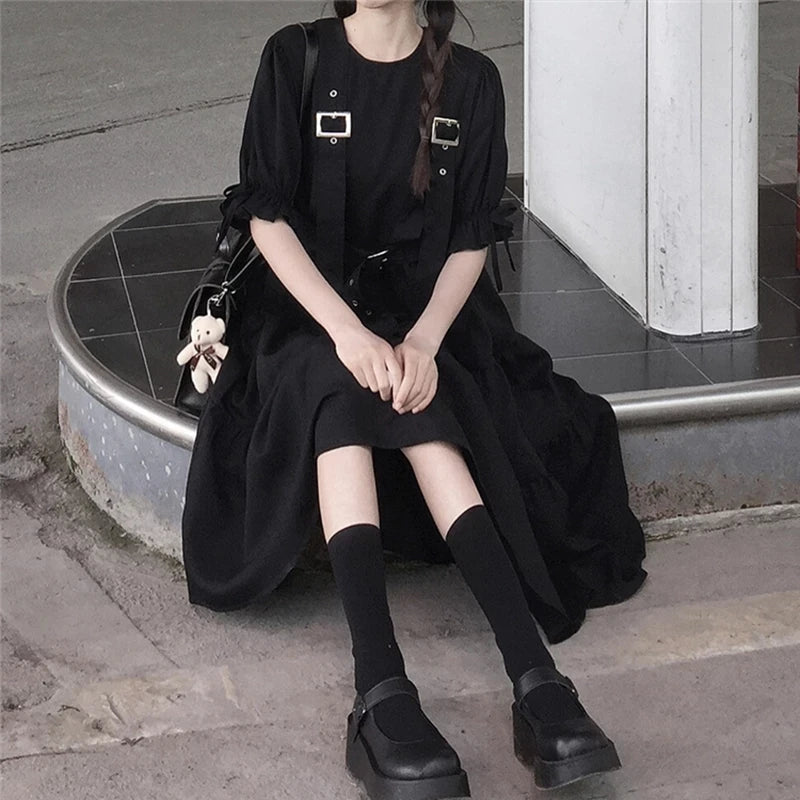 Gothic Harajuku Black Midi Dress